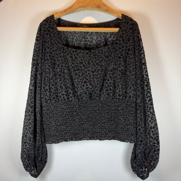 Forever 21 Black Burnout Velvet Blouse Smocked Waist Sheer Sleeves Women's 3XL - Picture 1 of 8